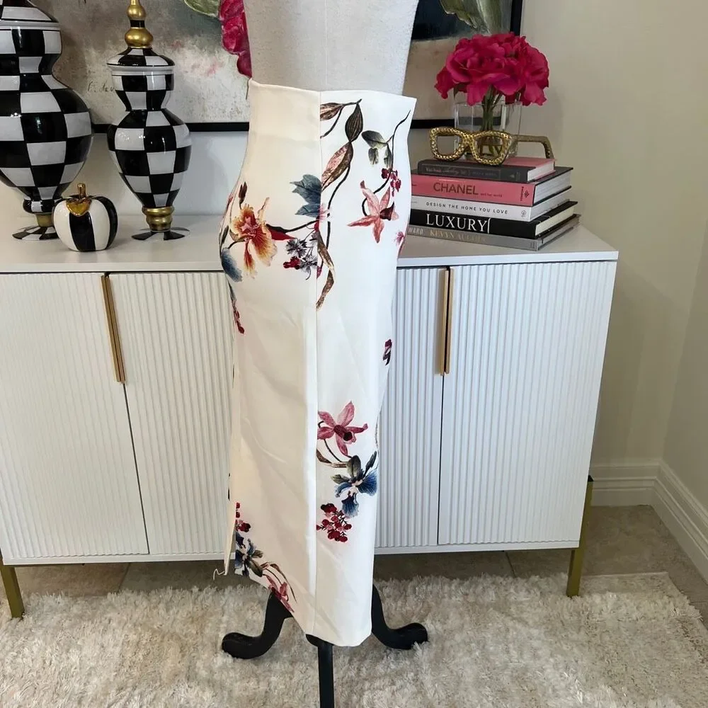 Zara Women's Floral High Waisted Midi Straight Pencil Skirt Ivory Red Sz XS NWT